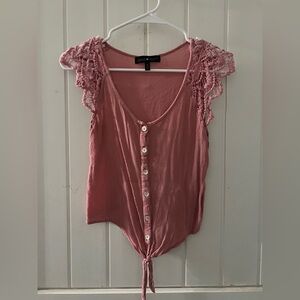 Pink Button-Down Lace Sleeve Top